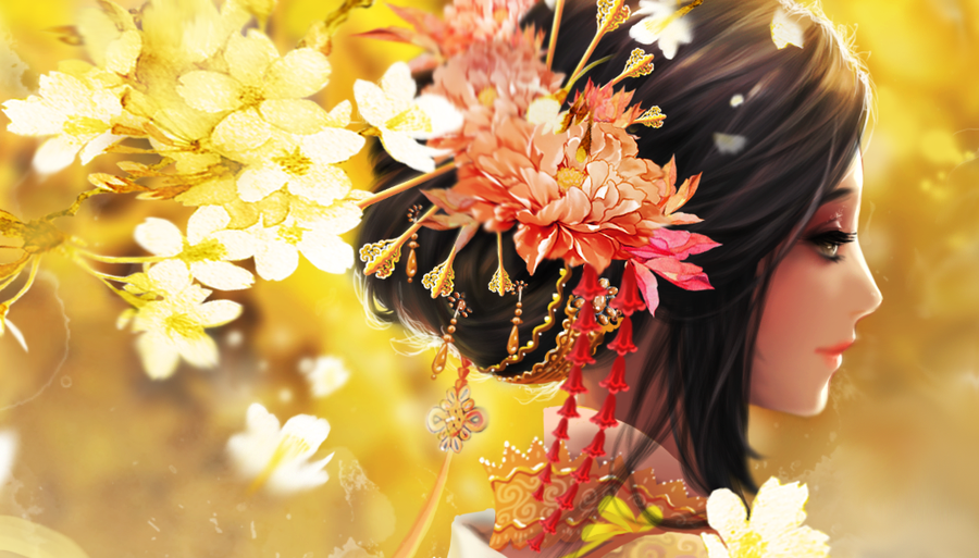 Фото Девушка азиатка с заплетенными цветами в волосы, художник SansaXIX