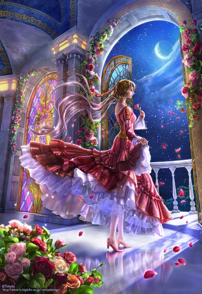 Фото Девушка в бальном платье с розой в руках, художник Takaki