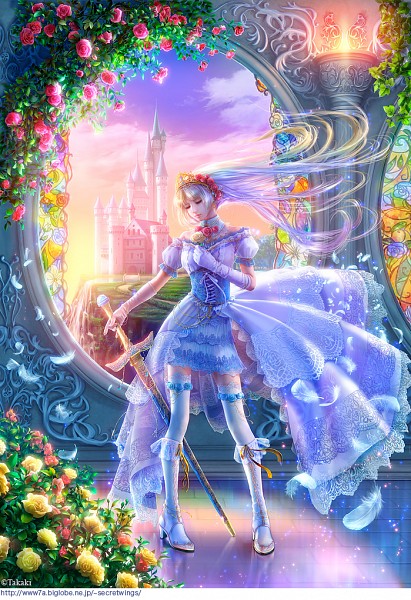 Фото Девушка с мечем, окруженная цветами, художник Takaki