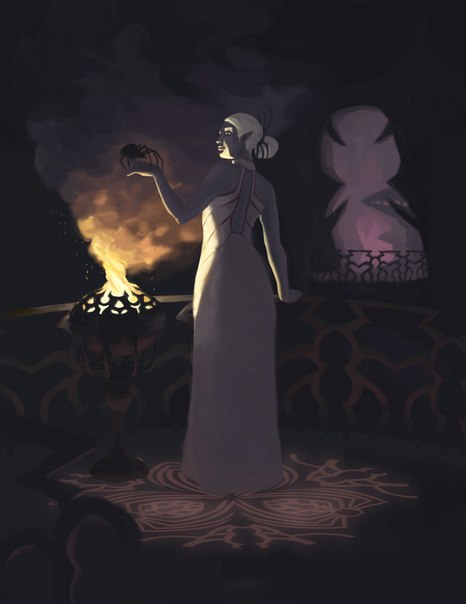Фото Женщина Дроу в белом платье стоит на балконе и держит паука на руке. Вселенная Забытых Королевств / Forgotten Realms