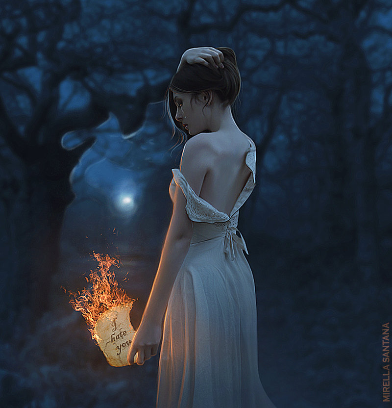 Фото Девушка с горящим листком, на котором написано I hate you / Я ненавижу тебя, стоит в ночном лесу, работа от MirellaSantana