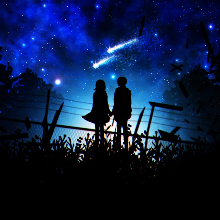 Фото Два силуэта парня и девушки, смотрят на две падающие звезды в ночном небе