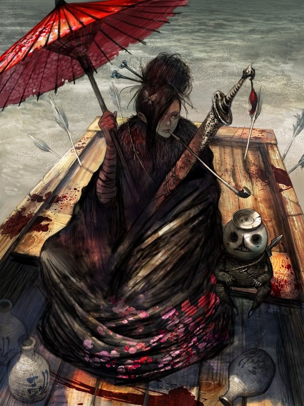Фото Гейша с зонтиком в руках, мечом и трубкой сидит в лодке с соке повсюду капли крови и стрелы