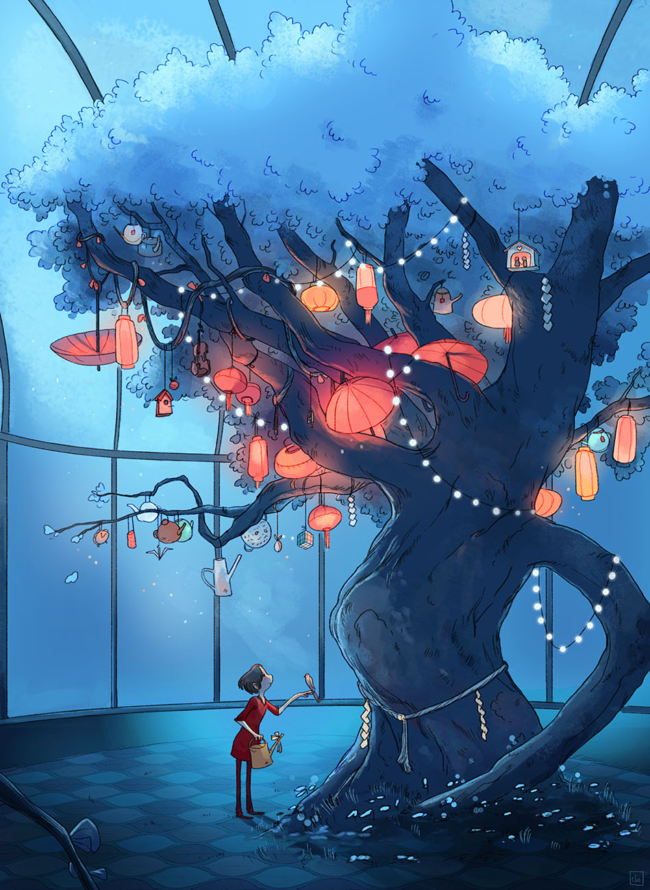 Фото Девушка стоит возле большого дерева, на котором висят различные предметы