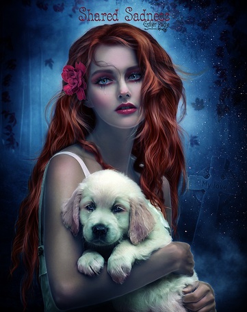 Фото Плачущая девушка с плачущим щенком на руках, работа EstherPuche-Art (Shared Sadness)