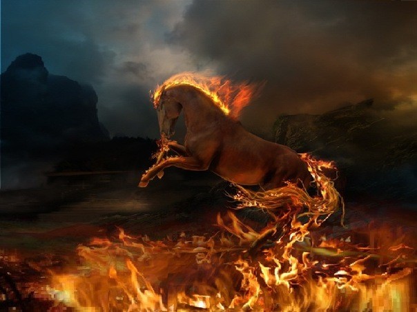 Фото Огненный конь скачет в ночи, оставляя позади себя пламя