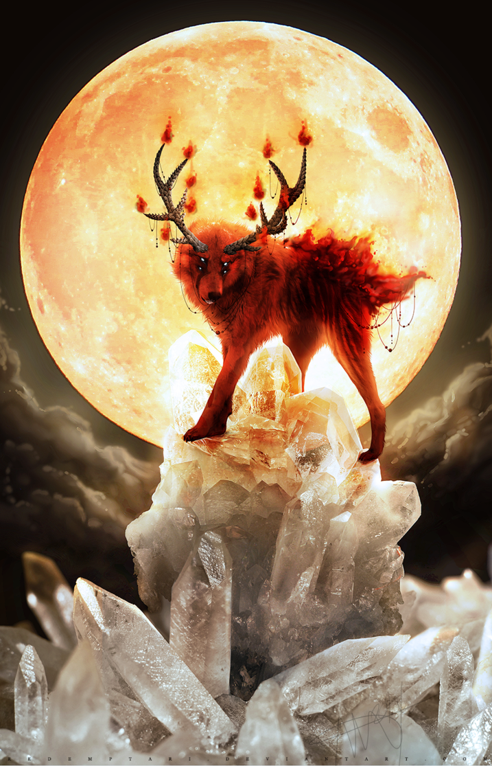 Фото Волк с горящими рогами на фоне полной луны, art by redemptari