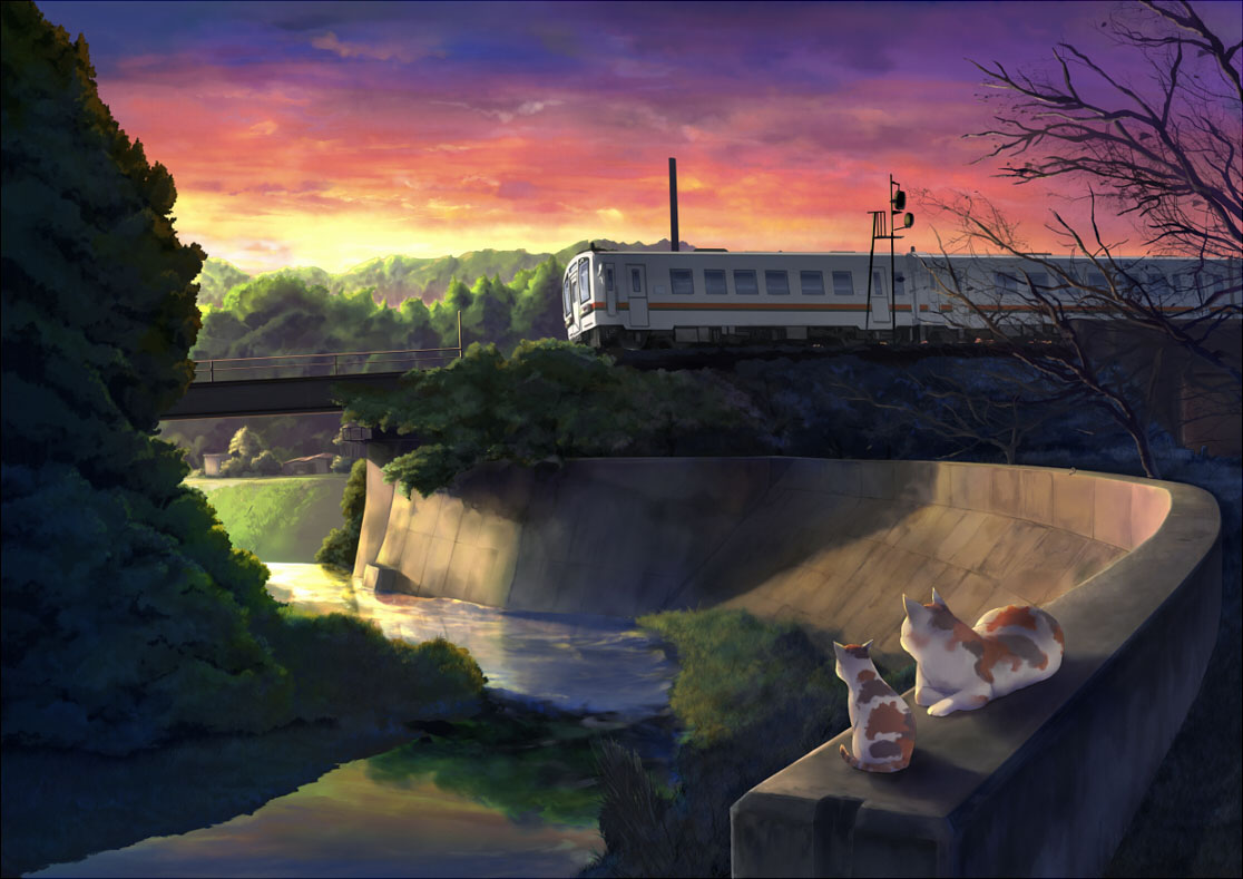 Фото Кошка и котенок смотрят на поезд, проезжающий по мосту, art by akama zenta