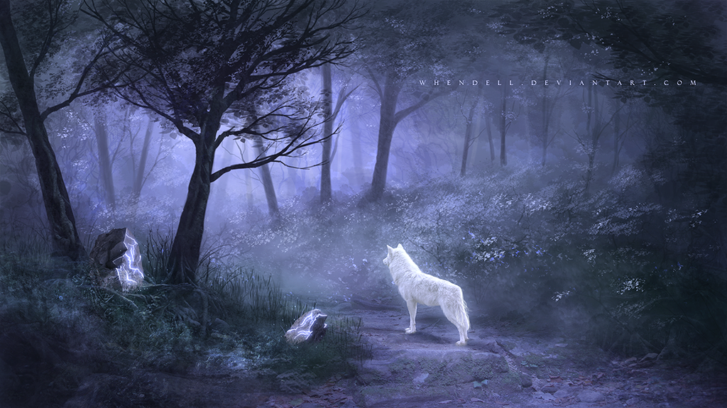 Фото Волк стоит на тропинке в ночном лесу, art by Whendell