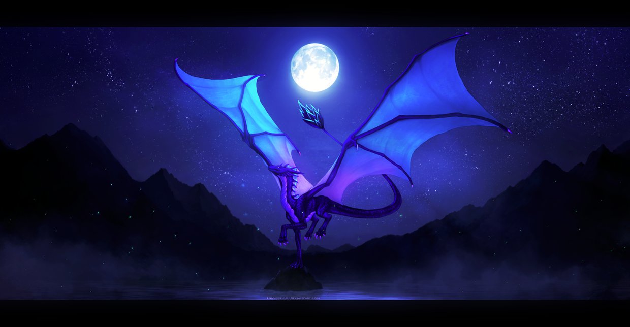 Фото Дракон стоит на камне, находящемся в воде, на фоне гор и ночного неба, в котором светит луна, art by Enigmatic-Ki