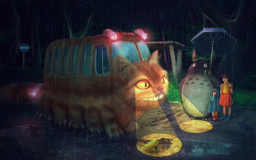 Фото Автобус в виде кота, Тоторо и две девочки под зонтом, art by PerlaMarina