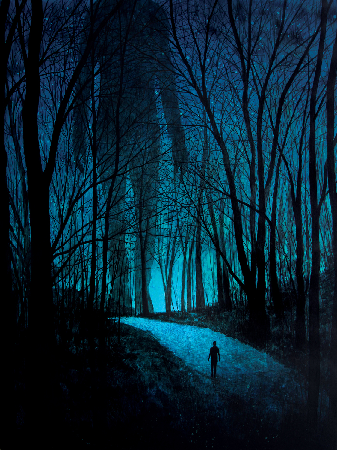 Фото Мужчина идет по дороге ночью в лесу и видит на своем пути силуэт огромного человека, иллюстратор Daniel Danger