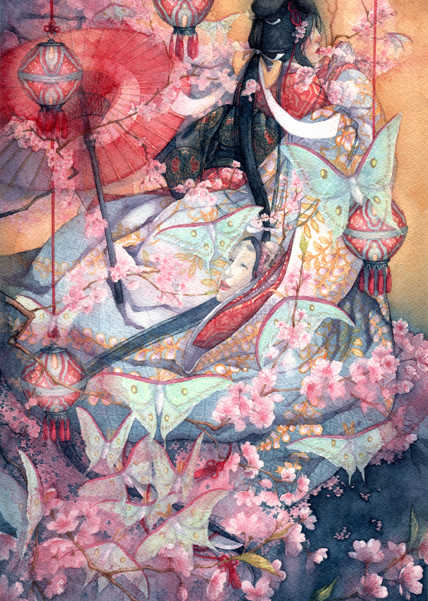 Фото Девушка в кимоно повернулась спиной, рядом лежат зонт и череп под маской