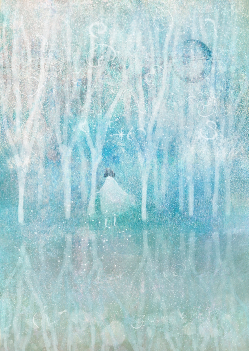 Фото Девушка стоит на зеркальной поверхности перед деревьями, art by katsuo