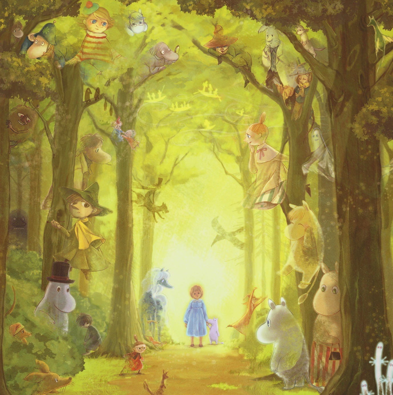 Фото Девочка стоит в лесу в окружение сказочных персонажей, art by sumio