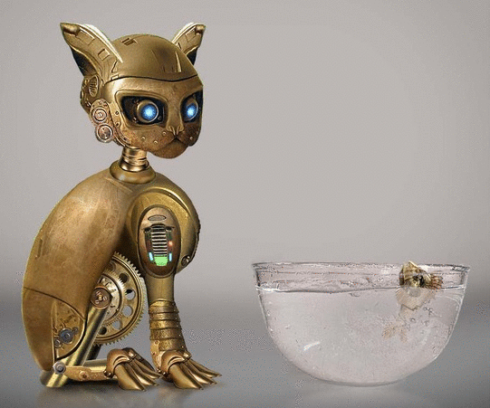 Фото Механический кот сидит и смотрит на, выпрыгивающую из миски с водой, механическую рыбку