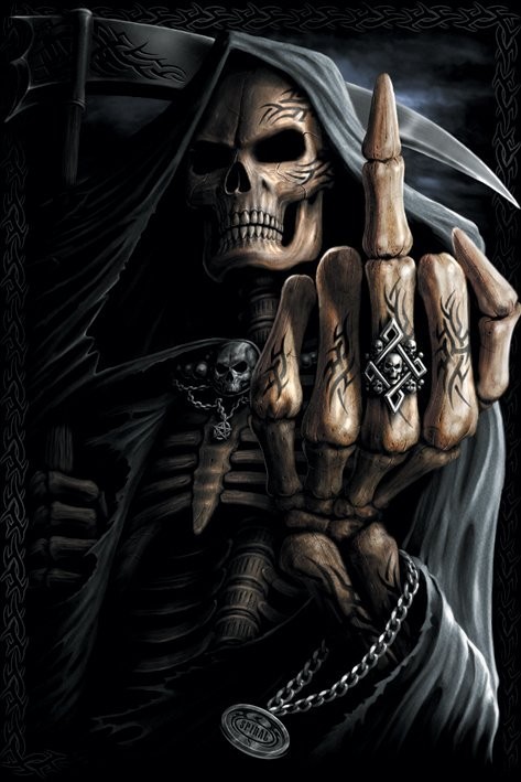 Фото Скелет с косой показывает средний палец