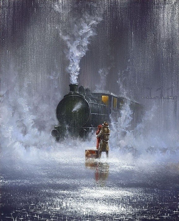 Фото Влюбленный целуются стоя под дождем на фоне поезда, художника Jeff Rowland