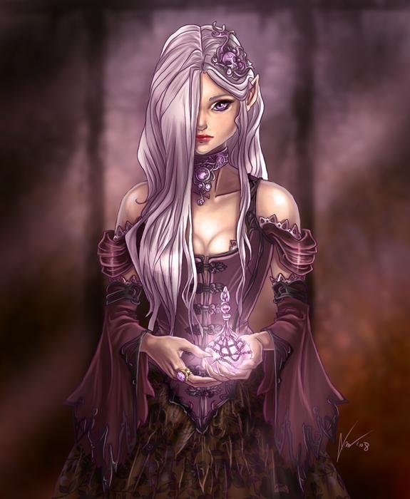 Фото Длинноволосая эльфийка, одетая в платье с корсетом, держит в руках банку с магическим зельем