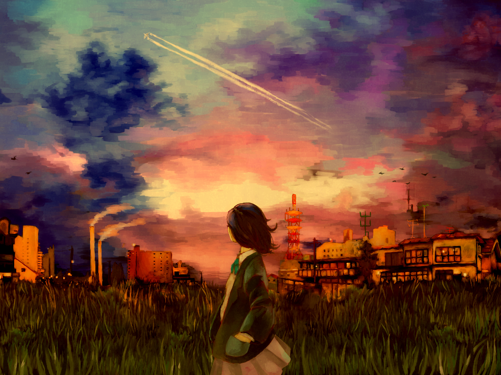Фото Девушка стоит на фоне закатного неба