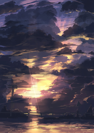 Фото Водоем в лучах закатного солнца, art by nodata