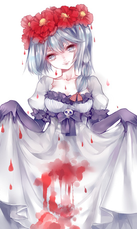 Фото Девушка с синими волосами и в красном венке из цветов, с которого капает кровь на ее платье, art by Nevakuma