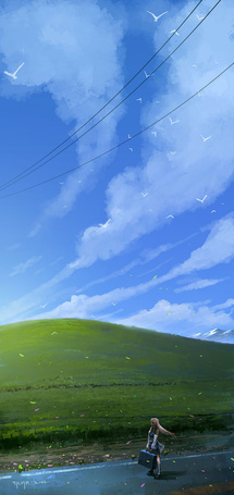Фото Девушка с чемоданом стоит на дороге, art by chaoyuanxu