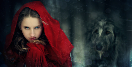 Photo The girl with blue eyes, wearing a red cloak with a hood over his head, stands with his shaggy dog (© Akela), добавлено: 24.04.2014 05:12