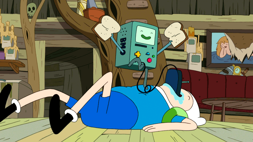 Фото БиМО / BMO весело вытанцовывает на лежащем Финном / Finn из мультсериала Adventure Time / Время Приключений