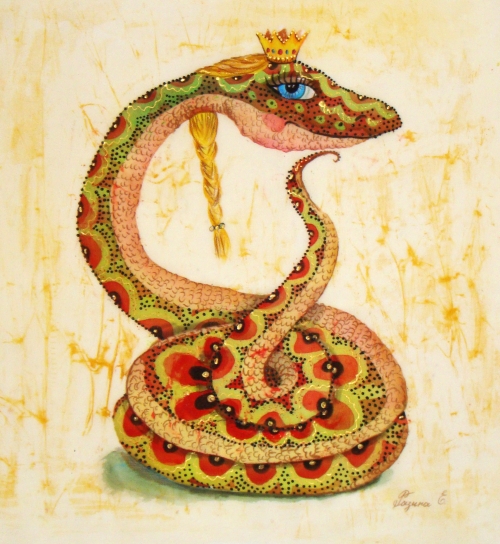 Фото Змея с русой косой и в короне оперлась подбородком на свой хвост и лукаво смотрит голубым глазом