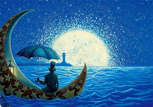 Фото Мужчина с зонтом, сидящий на полумесяце, плавающим в воде, художник Toshio Ebine