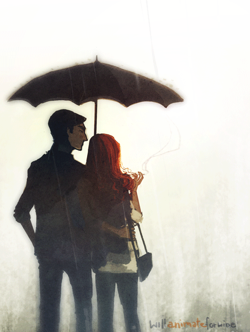 Фото Мужчина с девушкой стоят под дождем, укрывшись зонтиком, автор willanimateforwine