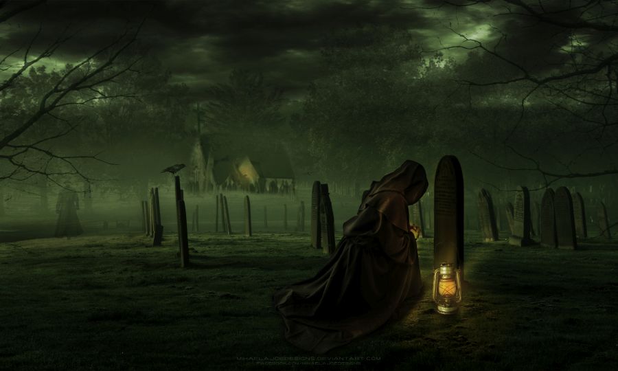 Фото Человет в плаще стоит на коленях у надгробья, art by MihaelaJoeDesigns