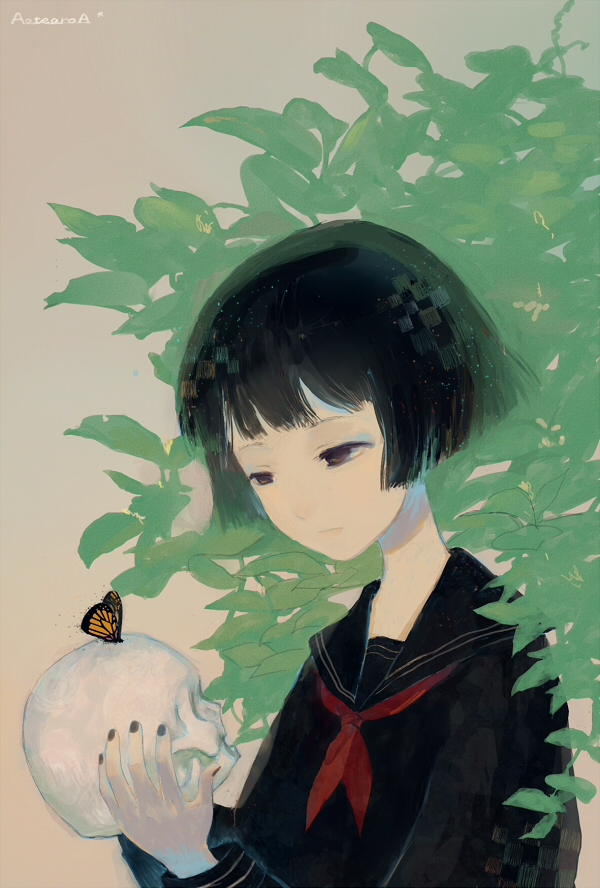 Фото Темноволосая девушка в школьной форме держит в руках череп, на котором сидит бабочка, автор AetearoA