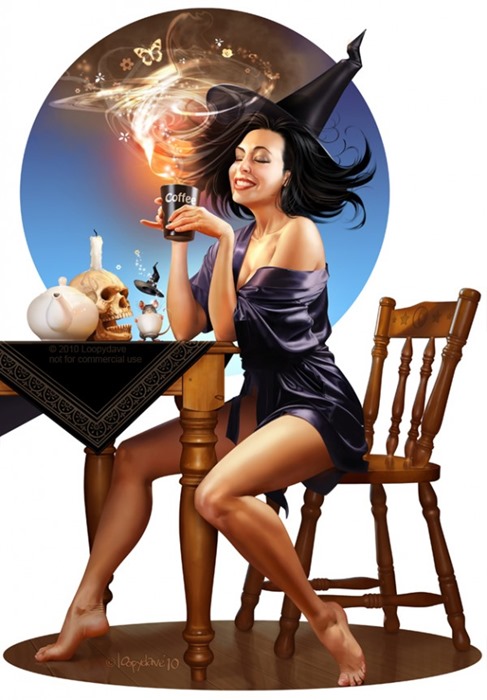 Фото Ведьма сидит с чашечкой кофе, облокотившись на ритуальный столик