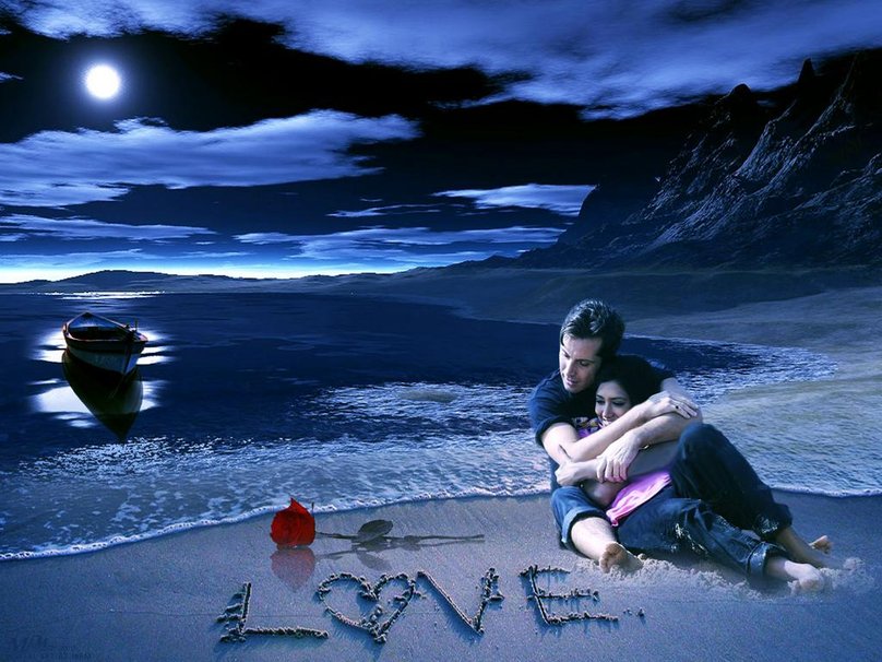 Фото На берегу реки мужчина и женщина, рядом на песке лежит роза и надпись LOVE (Любовь)