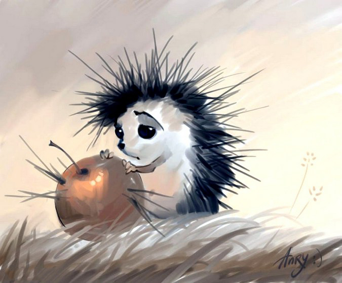 Фото Грустный ежик где-то в поле смотрит на большое яблоко с колючками, как  у него иголки, и держит лапками art by Arny :)