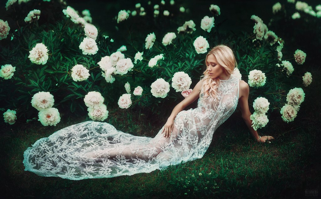 Фото Девушка в прозрачном белом платье сидит на траве на фоне белых цветов, фотограф Светлана Беляева