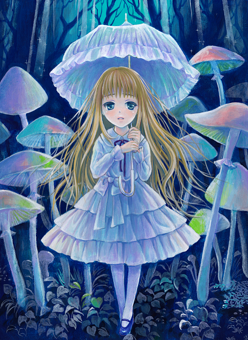 Фото Девочка с зонтиком в руках стоит в лесу в окружении грибов, рисунок &;&;&;&;&;&;