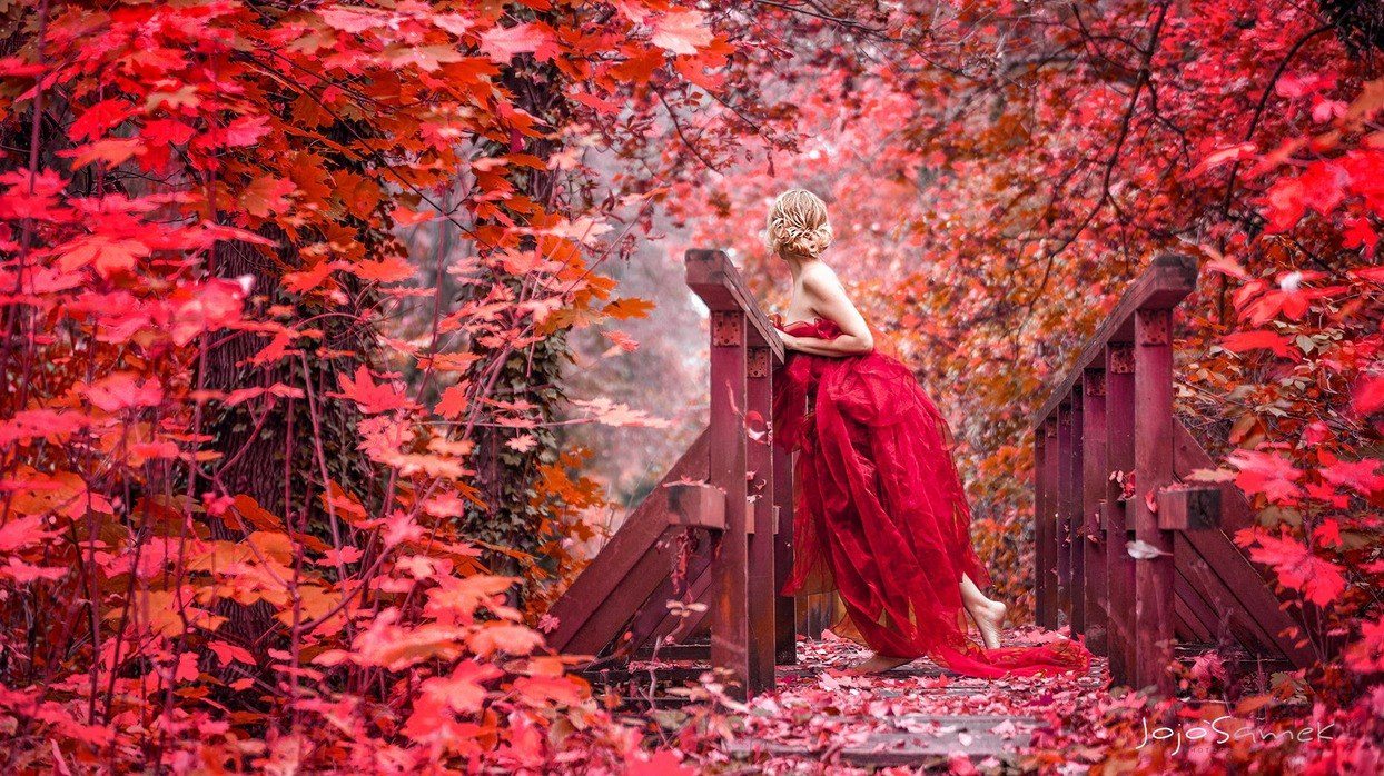 Фото Девушка в красном платье стоит на мосту среди осенних листьев, by Jojo Samek