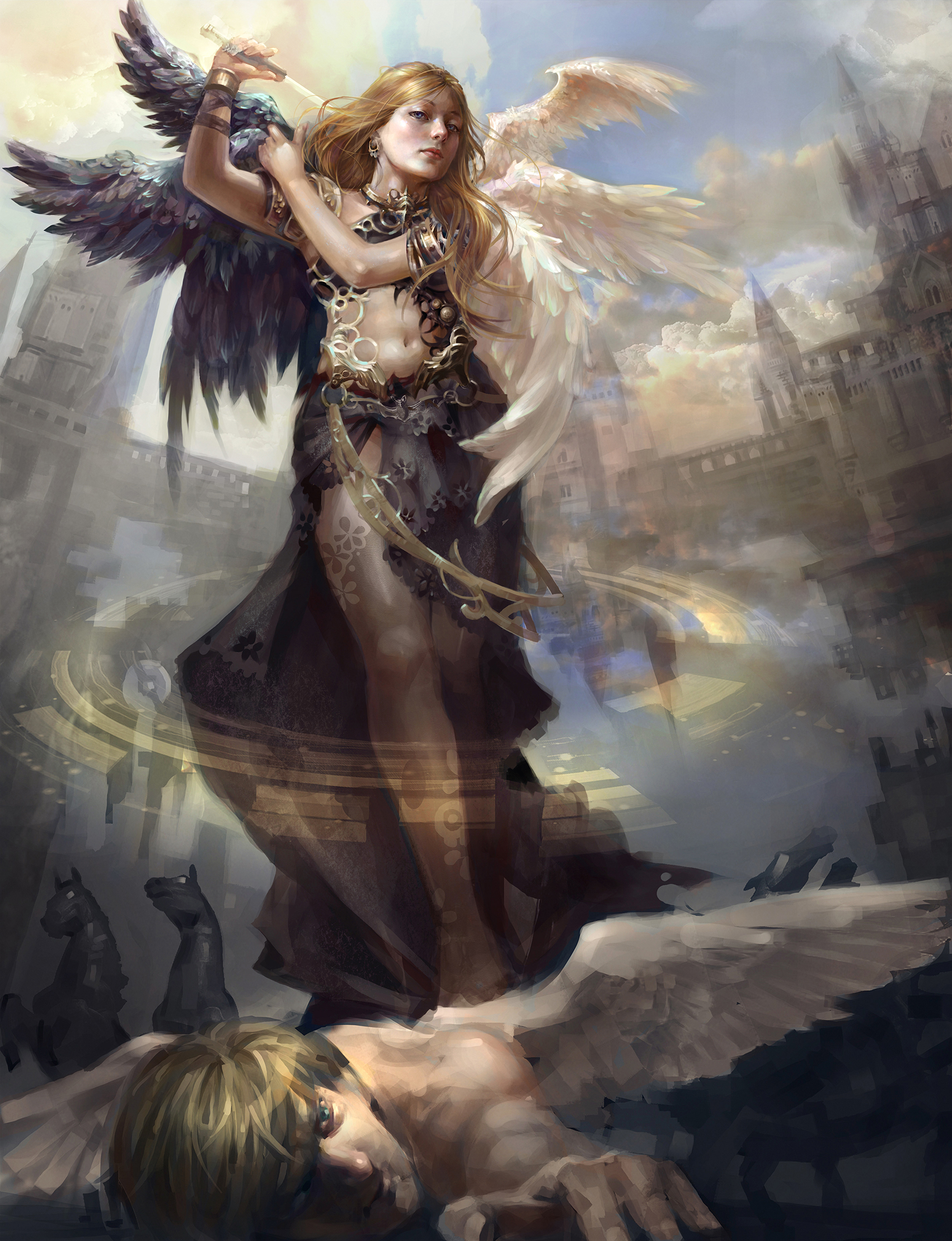 Фото Многокрылая девушка заносит меч над ангелом