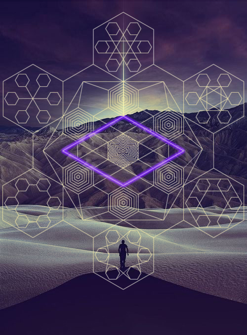 Фото Мужчина в пустыне под звездным небом и в системе геометрических рисунков, автор realsurrealfeel