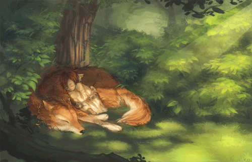 Фото Девушка с волком спят под деревом, в лесу