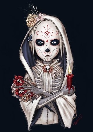 Фото Мальчик раскрашенный под скелета со свечкой в руке, art by nastynoser
