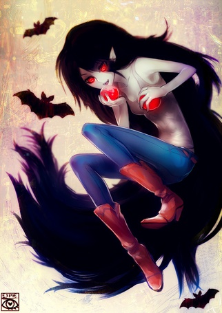 Фото Marceline Abadeer / Марселин из мультфильма Adventure Time / Время приключений, с двумя яблоками, за ее спиной летают летучие мыши, художник E-X-P-I-E
