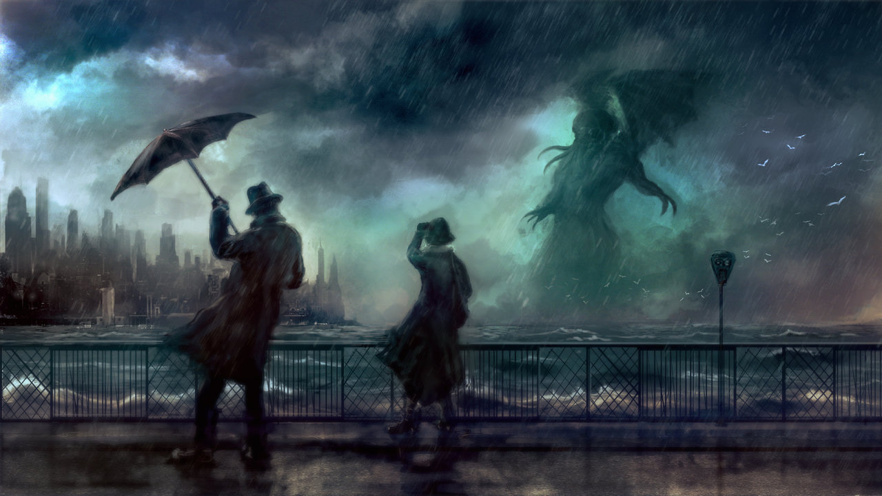 Фото Мужчина с зонтом и девушка на набережной перед бурей, где над бушующей водой виден демон