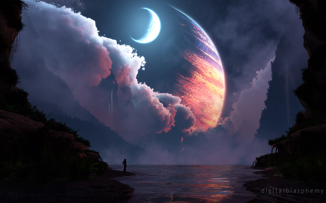Фото Человек стоит у воды на фоне неба с огромным облаком и луной, by dblasphemy