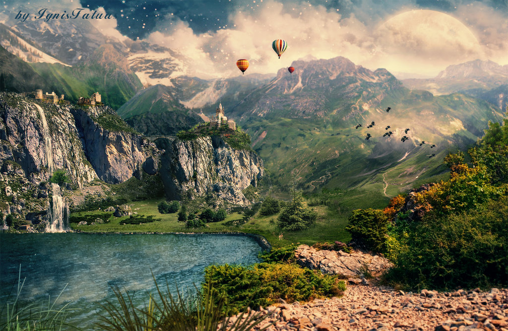 Фото Воздушные шары и птицы над водоемом с водопадом в окружении гор, которые заволокли облака, by IgnisFatuusII