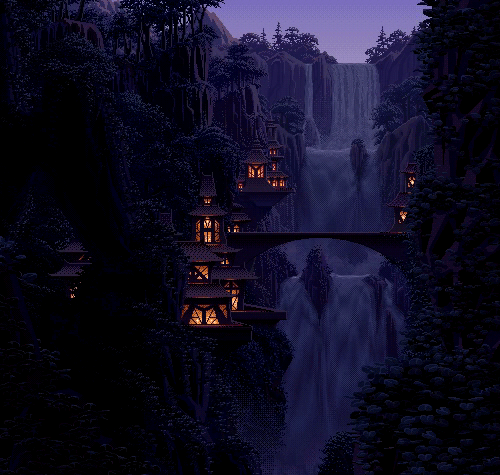 Фото Вечерний дом над водопадом в котором горит свет