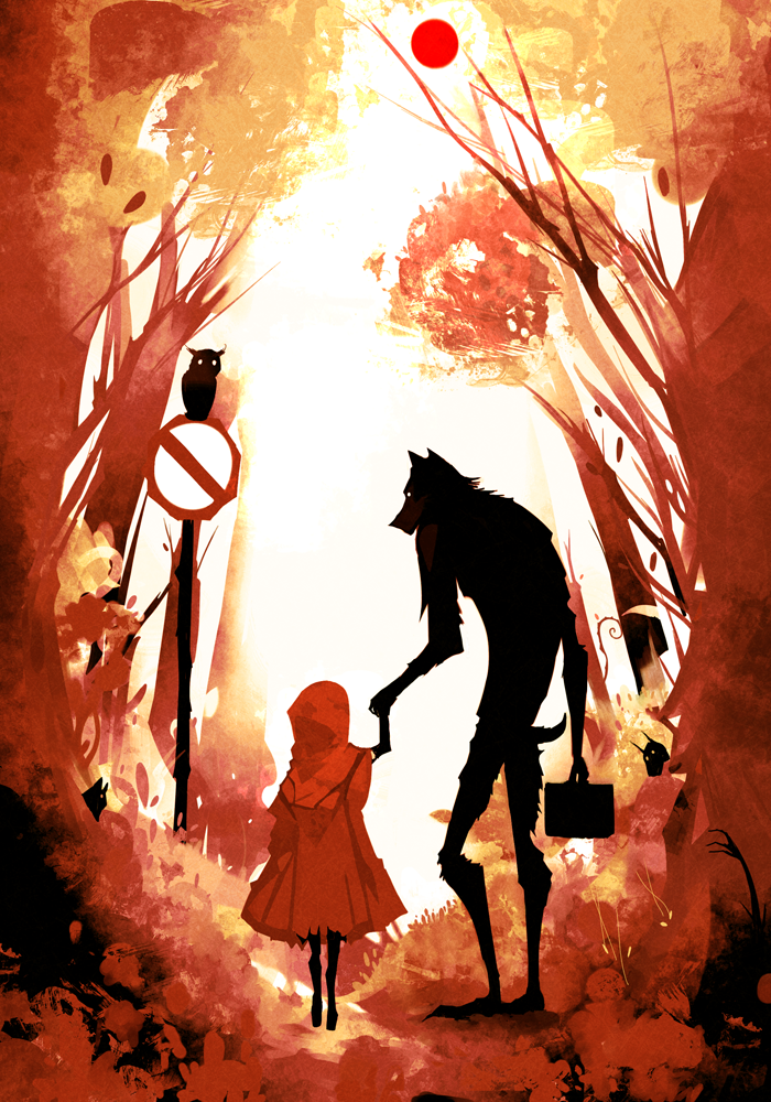Фото Девочка в красном плаще и волк идут по лесной тропинке, держась за руки